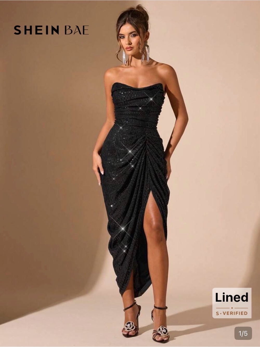 SHEIN Black Strapless Ruched Sparkle Side-Slit Midi Dress